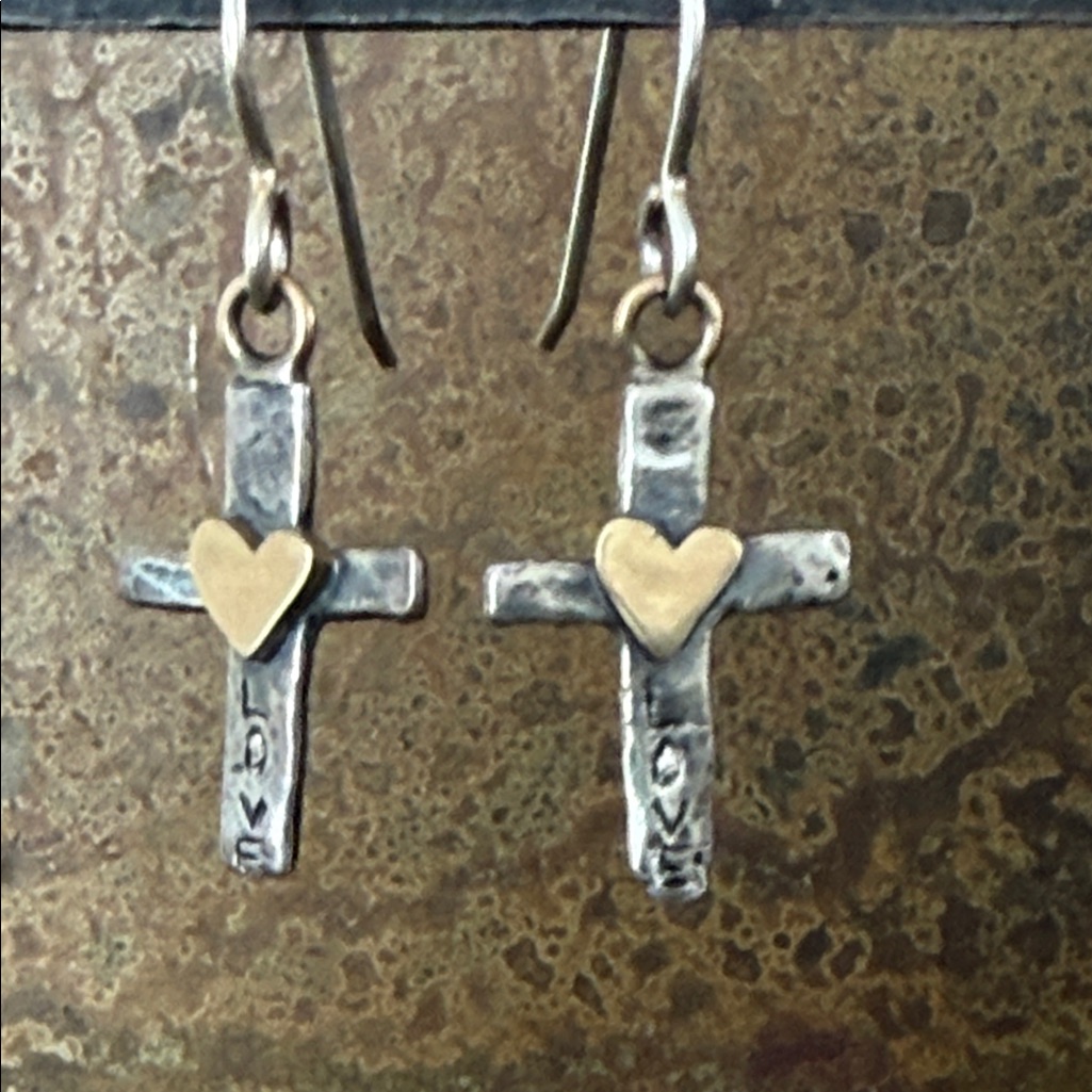 Jes Maharry Heart Of Faith Gold And Engraved Silver Earrings New With Tags 395$